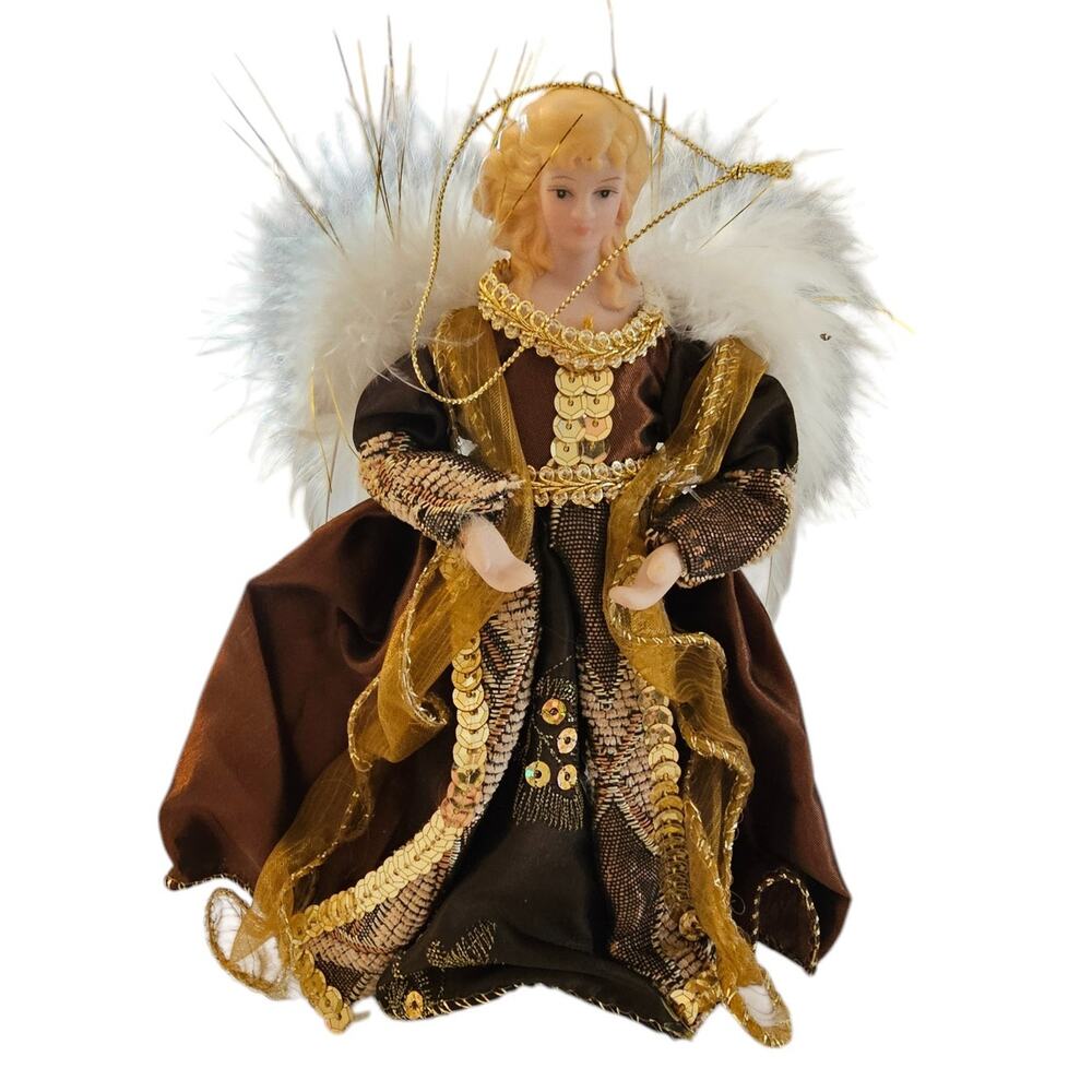Vintage Angel Tree Topper Christmas Holiday Brown Satin and Gold Woman Ornament